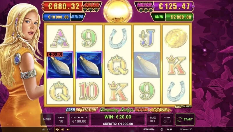Cash Connection - Charming Lady's Boom Coins - hovedskjerm med linjegevinst