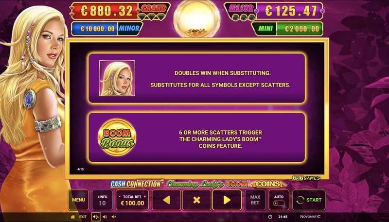 Cash Connection - Charming Lady's Boom Coins - Boom Coins runde starter på et 7×5 rutenett