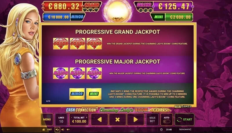 Cash Connection - Charming Lady's Boom Coins - Jackpot-tabell for Mini, Minor, Major og Grand